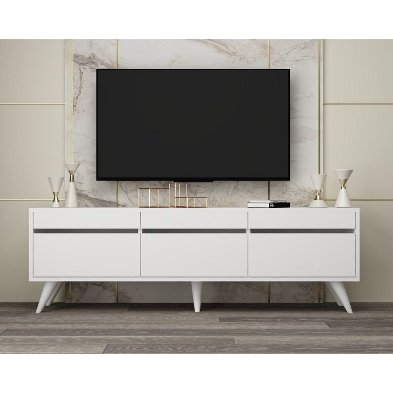 Meuble télé élégant, blanc, 59,1 po x 11,8 po x 18,9 po | 100% panneau de particules enduit de mélamine, épaisseur: 0,7 pouce | Pieds en PVC durable, hauteur des pieds 5,9 pouces | Design moderne pour le salon et les espaces de divertissement, assemblage facile