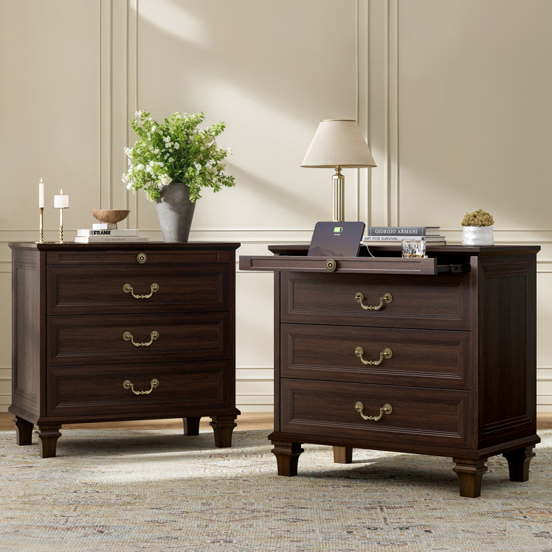 27.5" 3-Drawer Nightstand With Hidden Outlets, Pull-Out Shelf & Elegant Solid Wood Legs