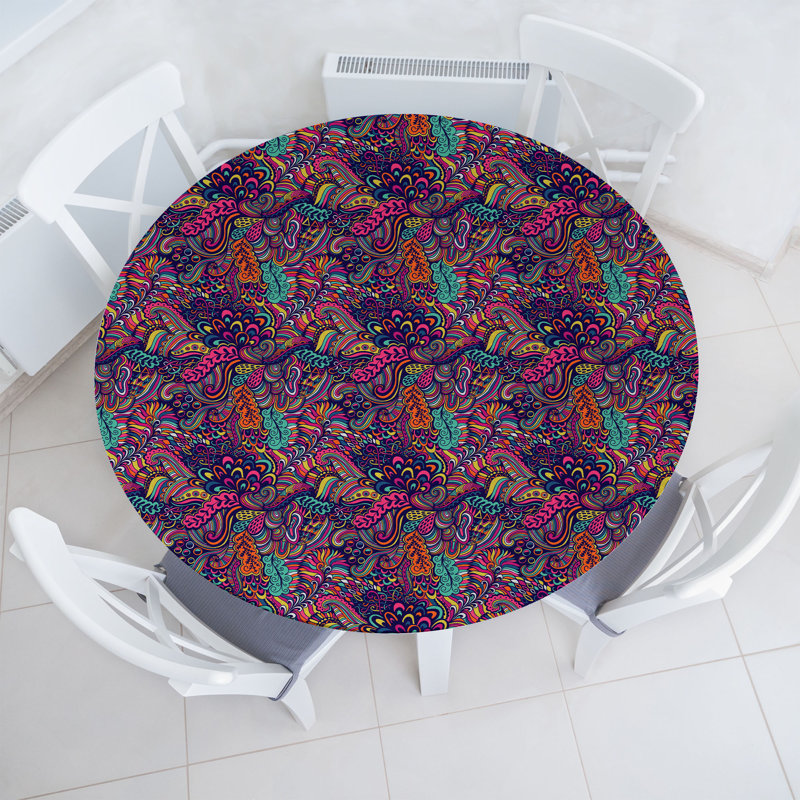 Wrought Studio™ Psychedelic Fitted Round Tablecloth Diameter Multicolor, 64.17" Round