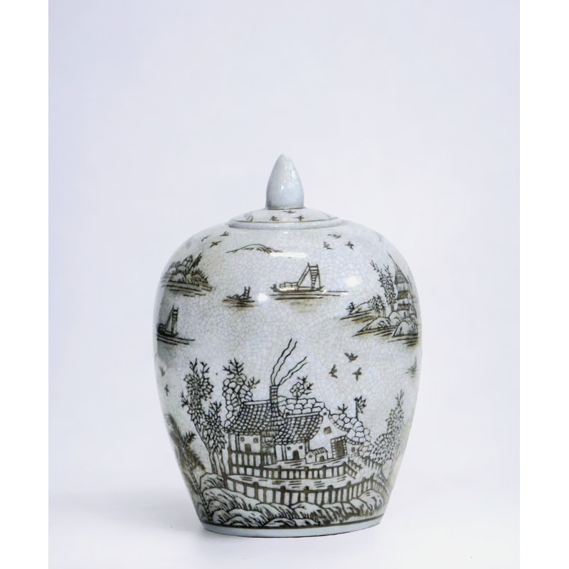 Porcelain Ginger Jar with Chinoiserie Design, Brown, 7"