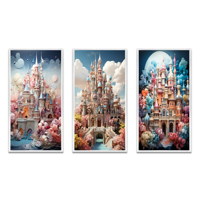 «Castles Whimsical Wonder Pastel I», ensemble de 3 pièces d'art urbain, Cadre blanc, H 20 po x l 36 po