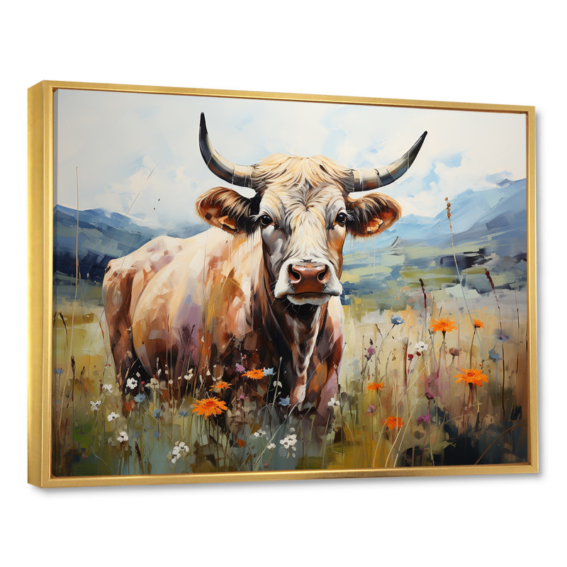 Vache dans des champs pastel - impressions encadrées de vache, H 12 po x l 20 po x P 1 po, Cadre flottant doré