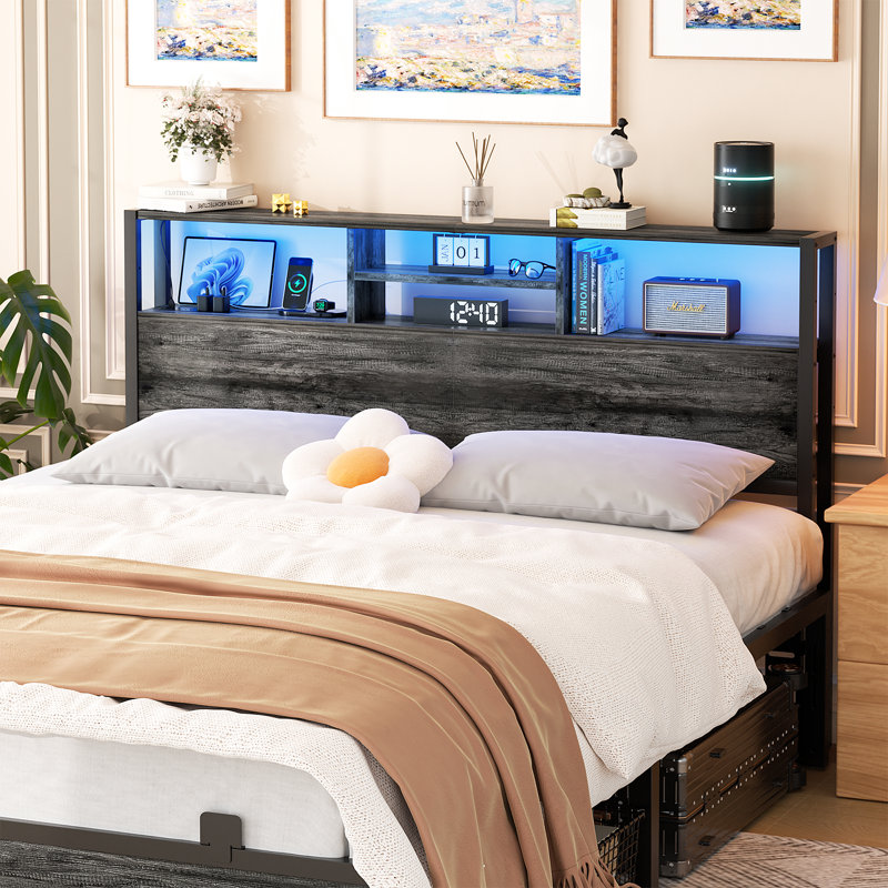 Lozandier Headboard with Storage, Power Outlet, USB Ports and LED Strip, Black Oak, Queen