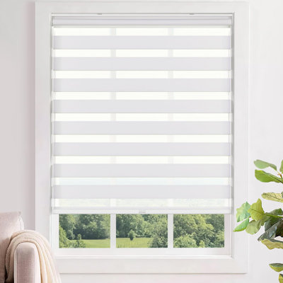  No Tools No Drill Cordless Zebra Blinds for Windows, Dual Layer Light Control for Day and Night, Light Filtering Privacy Roller Blinds and Shades for Home, 46" W x 72" H, White