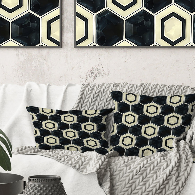 Coussin noir et blanc Hexagon VI - Mid-Century, H 16 po x l 16 po
