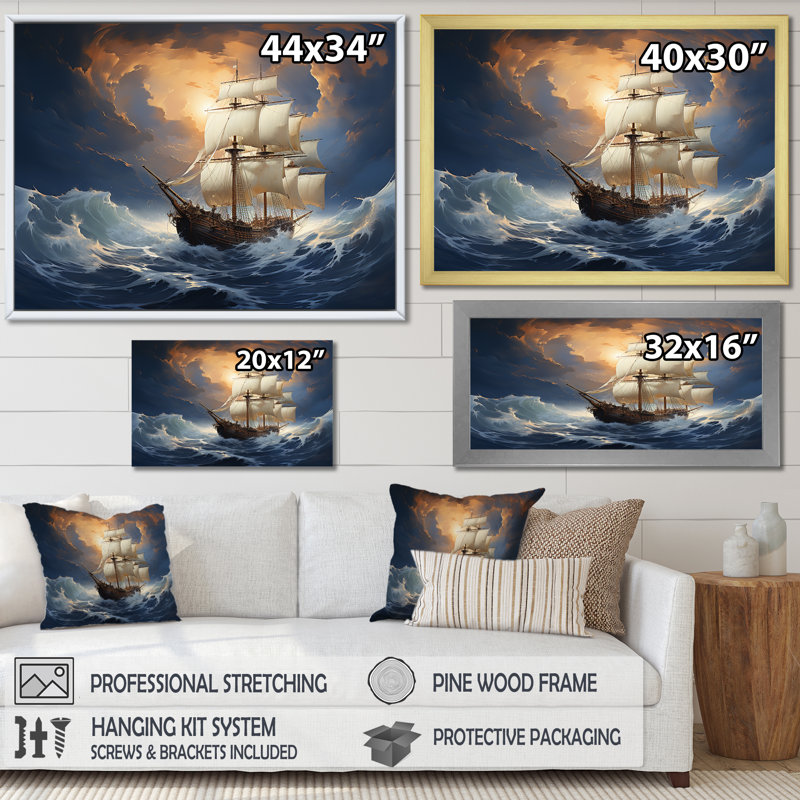 Bateau pirate Carabian Legacy II - art mural pirate, Cadre doré à coins fermés, H 30 po x l 40 po x P 1,5 po