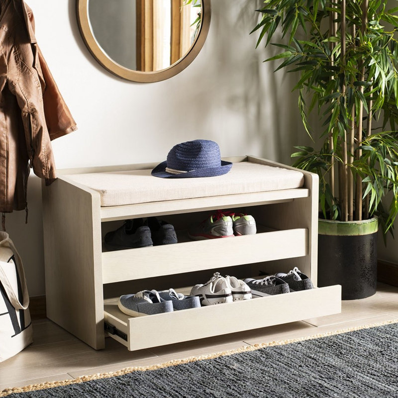 Banc de rangement en faux cuir Aryaan, Blanc délavé / beige