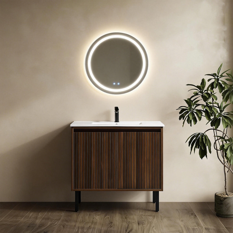 Meuble-lavabo autoportant Valdren de 36 po avec lavabo en céramique intégré, Noyer, 36