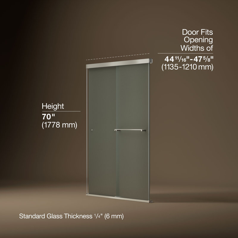 Revel Sliding Shower Door, 70-In H X 44-5/8 - 47-5/8-In W, With 1/4-In Thick Frosted Glass, Anodized Brushed Nickel, Frosted