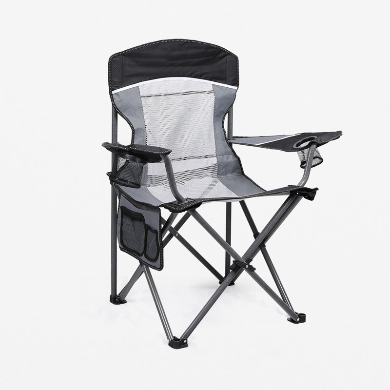 Chaise de camping noire surdimensionnée et confortable avec porte-gobelets et poche latérale, Noir/gris