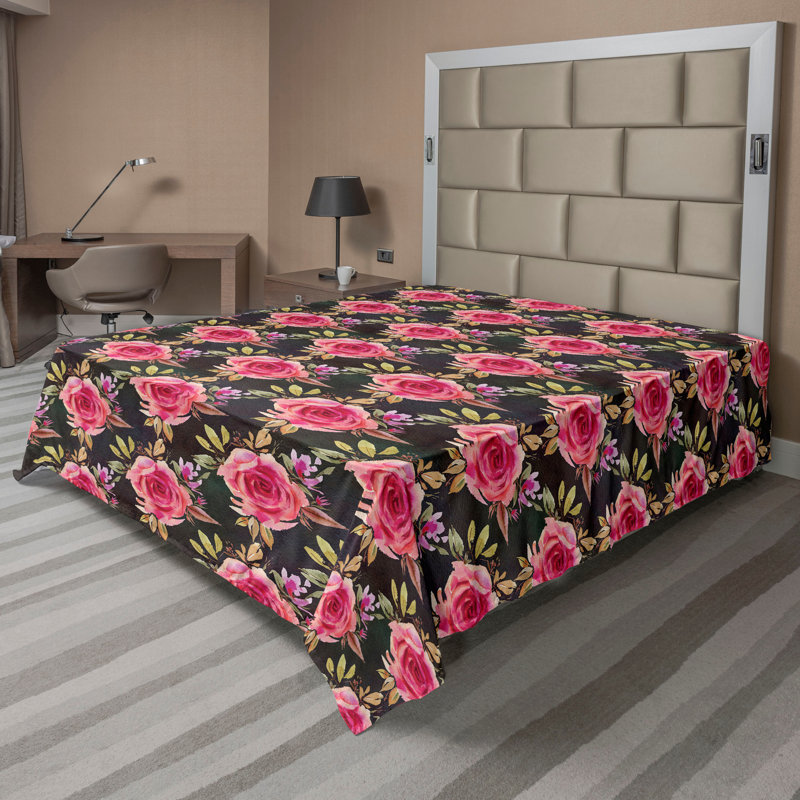 Drap plat Ambesonne, Drap plat de taille double, Corail foncé / motif floral jaune terre