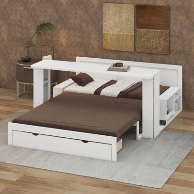 Lit de jour avec tiroirs de rangement, lit de jour en bois avec bureau amovible et table d'appoint hydraulique
