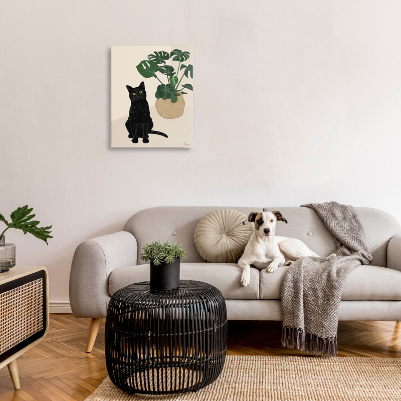 «Cat & Monstera Plant», art mural sur toile par Tara Royle, H 30 po x l 24 po