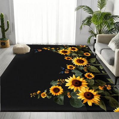 Tapis à motif floral de tournesol sur fond noir, motif d'aile de fleur contrastant élégant, tapis de sol antidérapant doux et durable lavable à la machine, décoration intérieure chic et élégante pour salon, chambre à coucher, couloir, cuisine, balcon, appartement