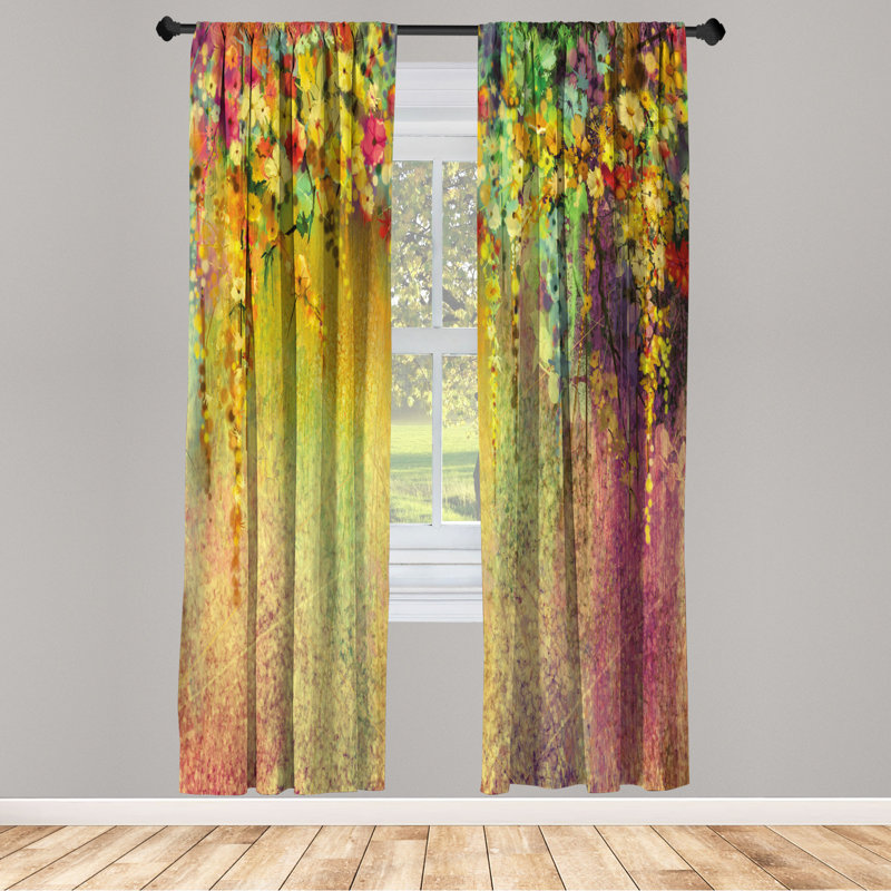Microfiber Floral Semi-Sheer Rod Pocket Curtain Panels, 28" W x 84" L, Yellow/Red