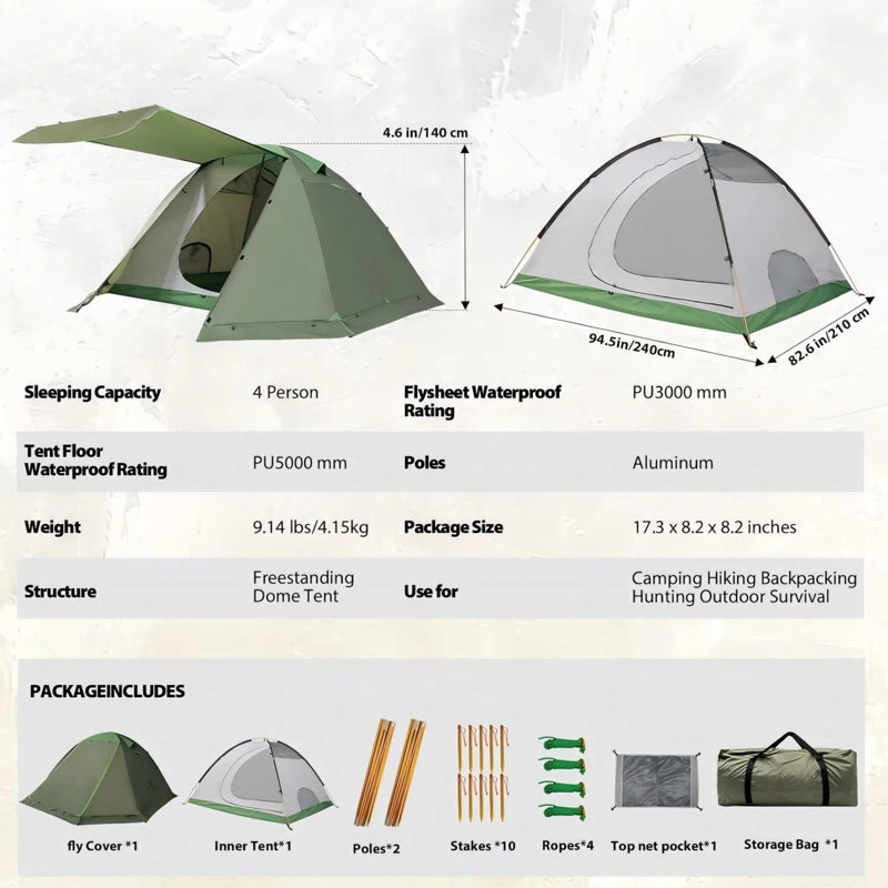 Tente de camping imperméable 4 personnes 4 saisons avec vestibule avant, abri extérieur autoportant à double paroi pour le camping familial par tous les temps, la randonnée et les aventures en pleine nature