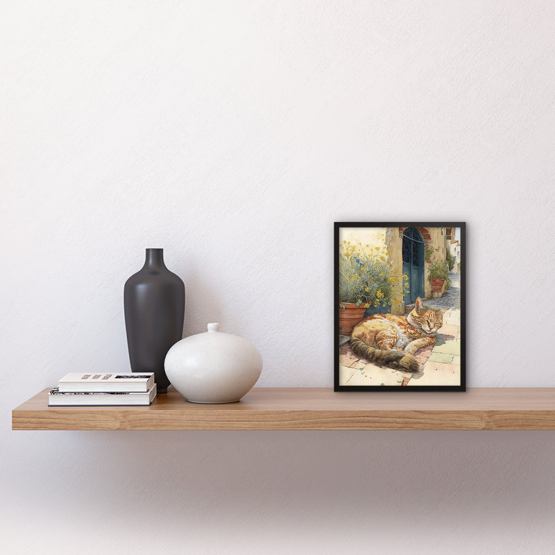 Cat Sunbathing In Mediterranean Village Street Watercolour - Single Picture Frame Print
