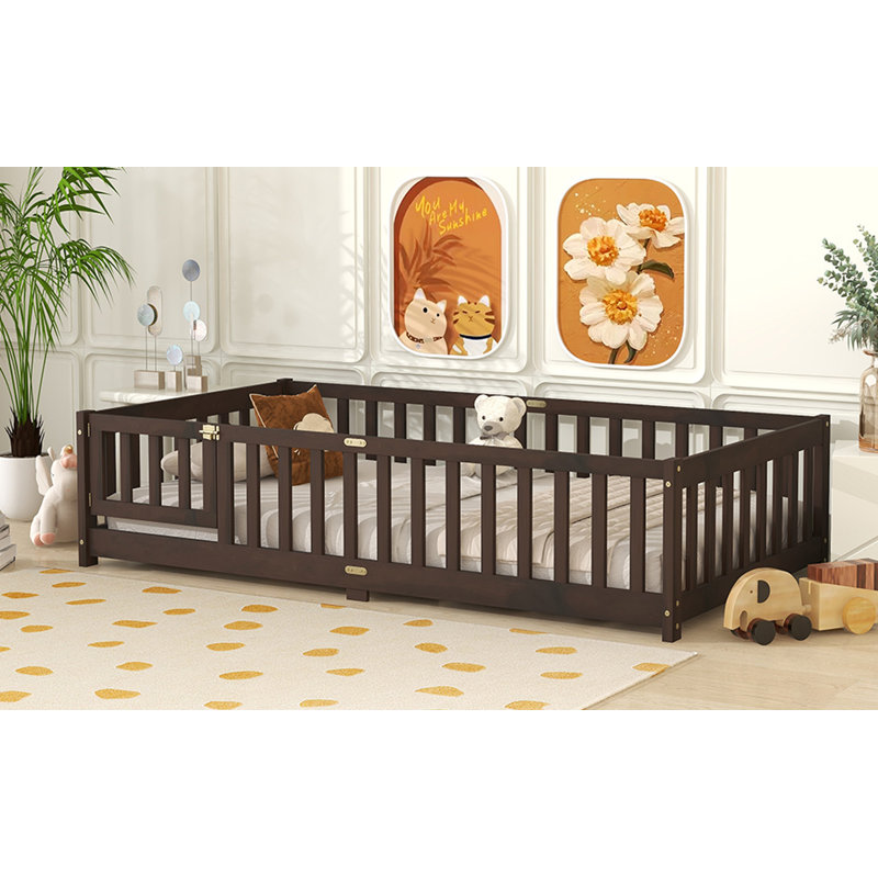 Twin Size Floor Bed With Fence And Door,Rubber Wood Floor Bed With Safety Guardrails, Twin, Espresso