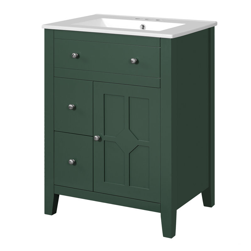 24-inch Modern Bathroom Restroom Vanity Cabinet with Ceramic Basin, Green