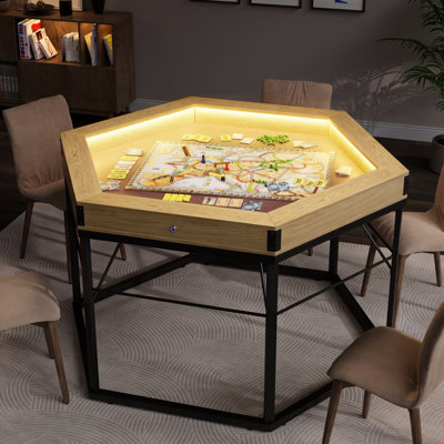 Hexagon Game Table with LED Lighting, Wood Board Dining & Game Table for 6 with Removable Top, Wide Surface for Poker, Board Games, RPGs, D&D, and Puzzle Table with Large Recessed Play Area