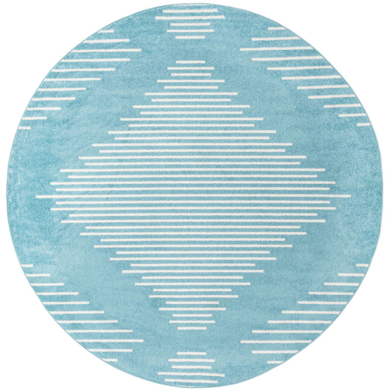 Tapis géométrique bleu clair en polypropylène tissé à la machine, Rond 9 pi 10 po