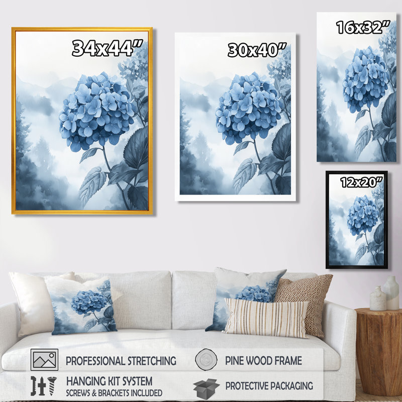 Hortensias dans un jardin brumeux I - Hortensia grand art mural, H 32 po x l 24 po, Noir, Reproduction avec cadre flottant