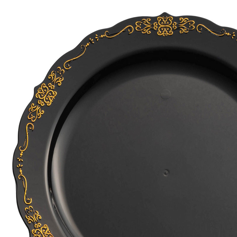 Assiettes à salade jetables rondes noires en plastique noir avec rebord doré (7,5 po)