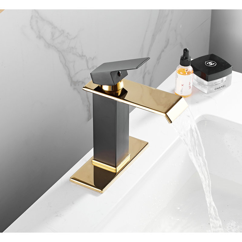 Robinet pour salle de bain à poignée simple avec drain, Noir / or