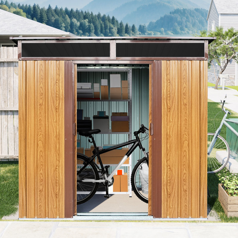 6Ft X 5Ft Outdoor Iron Storage Shed In Coffee, Galvanized Steel & Aluminum, Metal Foundation Bracket, Lockable Sliding Doors, Easy Assembly, Freebies - Strong Build With Structure, Doors Padlock, To
