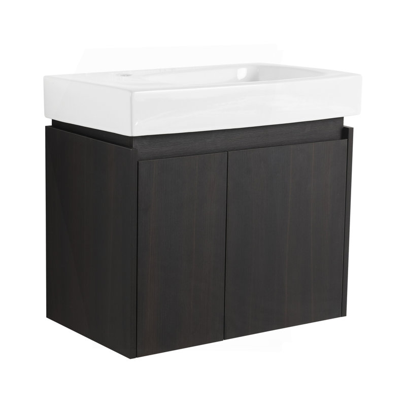 Meuble-lavabo 24 po avec lavabo en céramique, meuble-lavabo flottant mural, armoire de rangement en bois avec portes doubles pour la salle de bain, noir