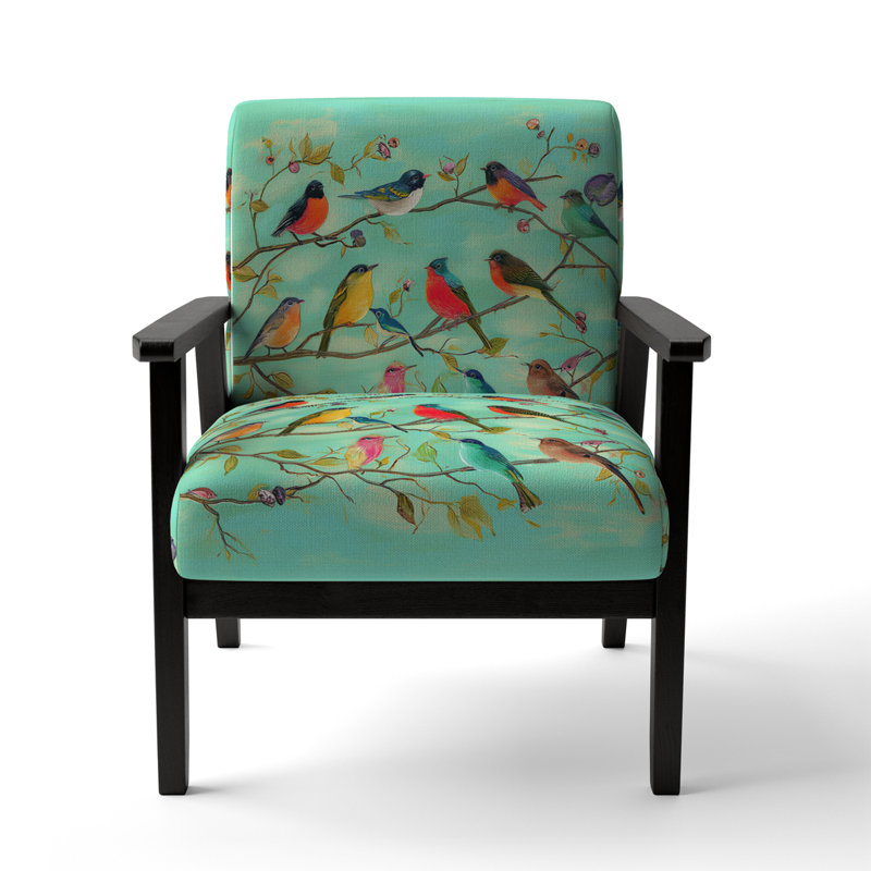 Fauteuil rembourré en velours multicolore Bird On Tree, Mélange de polyester vert, Noir