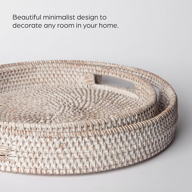 Round Rattan Serving Tray - Modern Woven Tray W/Handles For Dining Table, Livingroom, Patio Decor - Stylish Rattan Tray For Serving Fruits, Breakfast - Ideal For Coffee Table (Medium)