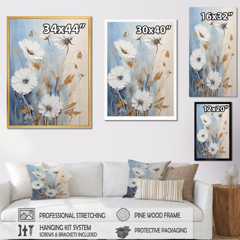 «Minimal Beige and Blue Cornflowers Expression IV», reproduction d'art sur toile, Cadre simple argenté