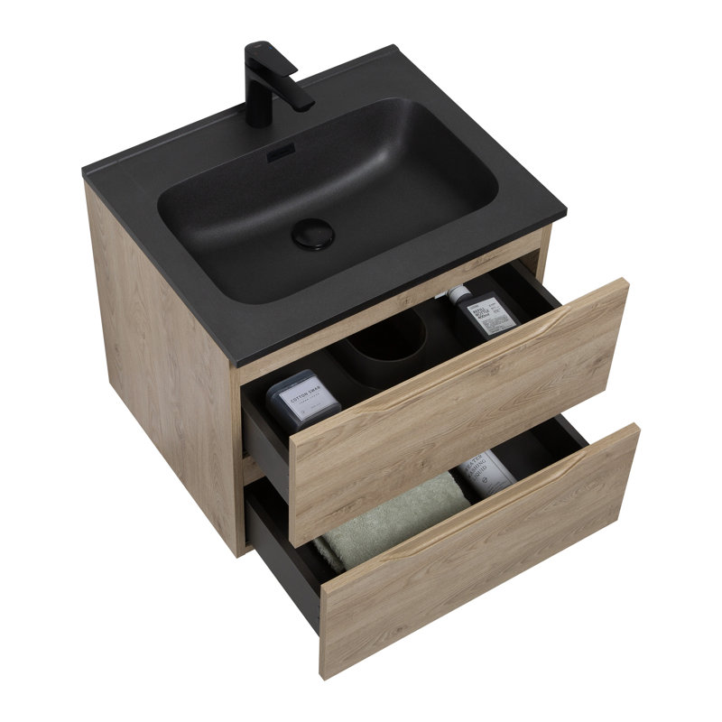 WOODBRIDGE 24" Wall Mounted Floating Bathroom Vanity With Black Quartz Sand Composite Top, 24"