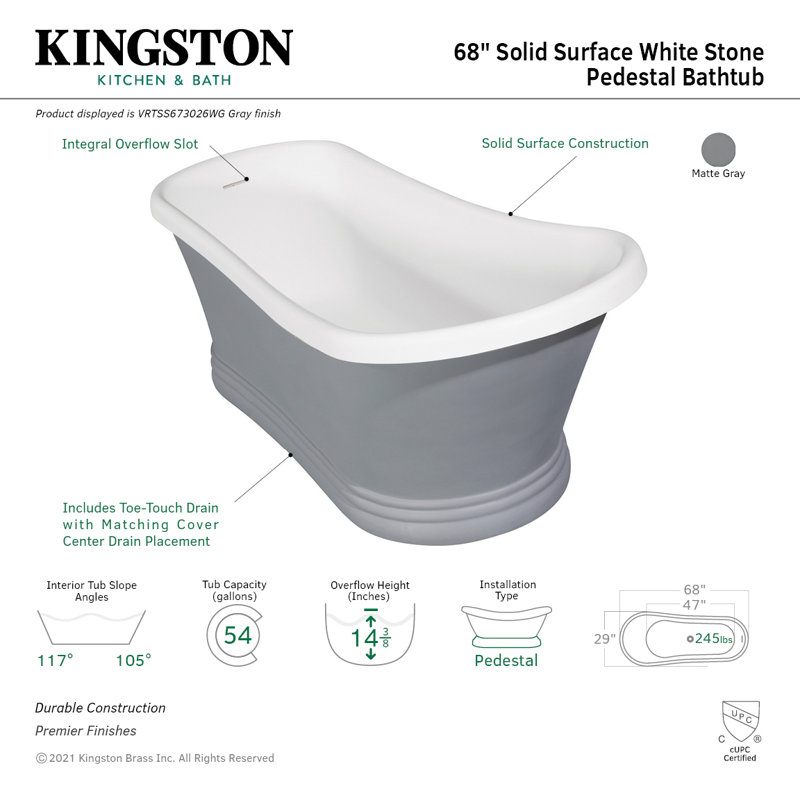 Baignoire à piédestal ovale 68 po Kingston, gris