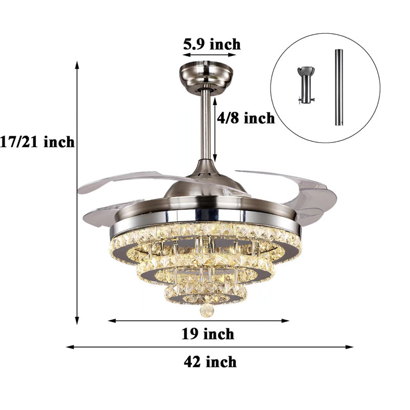 42-Inch Crystal Ceiling Fan with Remote Control, 3-Speed Dimmable LED Chandelier Fan, Retractable Blades for Living Room Bedroom