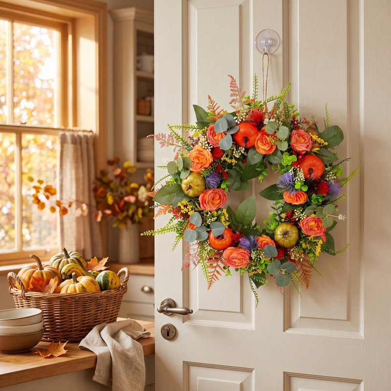 Couronne artificielle 19,7 pouces avec roses oranges, mini citrouilles, eucalyptus et chardon, décoration de la porte de l'Action de grâce