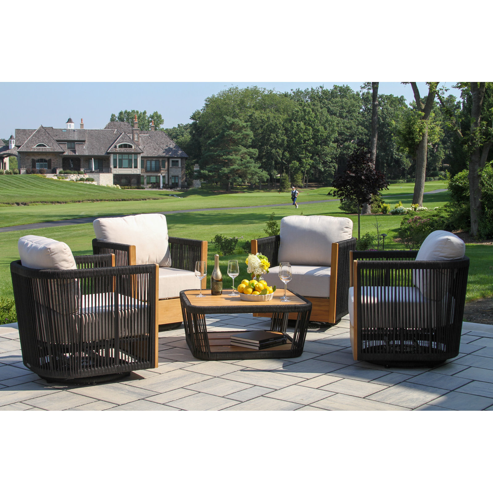 Aniston 5 - Piece Black Rope And Teak Seating Group With Sunbrella® Cushions