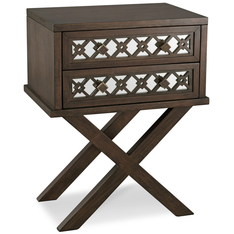 Filigree Solid + Manufactured Wood Mirrored Diamond X Base Side Table, Walnut