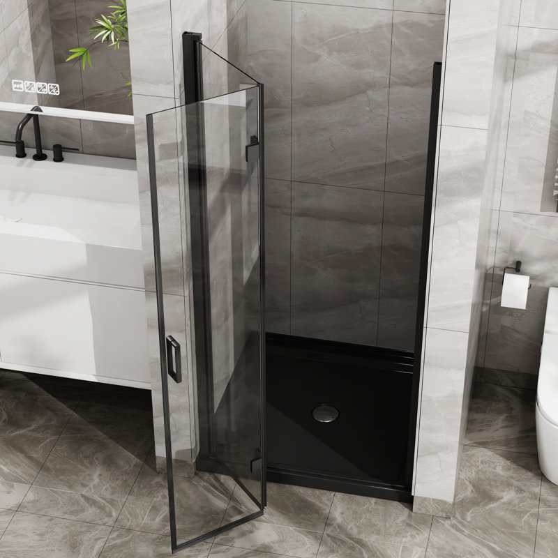Porte de douche en verre 72 po x 34 po - Pivot noir trempé pivotant 1/4 po d'épaisseur et pliable avec bandes d'étanchéité de 72 po de hauteur