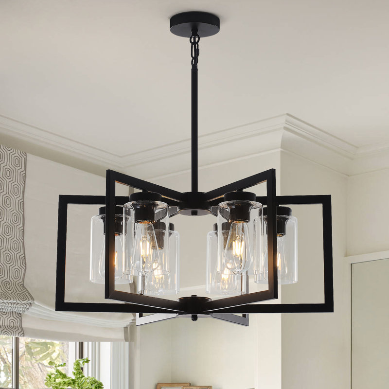 6 Light Chandelier, 24.4" Modern Farmhouse Chandeliers For Dining Room, Industrial Metal Geometric Hanging Light Fixture With Clear Glass Shade, Adjustable Height Chandelier For Kitchen Island Living Room Foyer