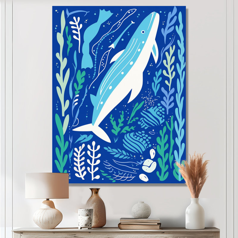Deep Ocean Whale Retro Illustration - Whale Animal Wall Art Print, 40" H x 30" W, Wrapped Canvas