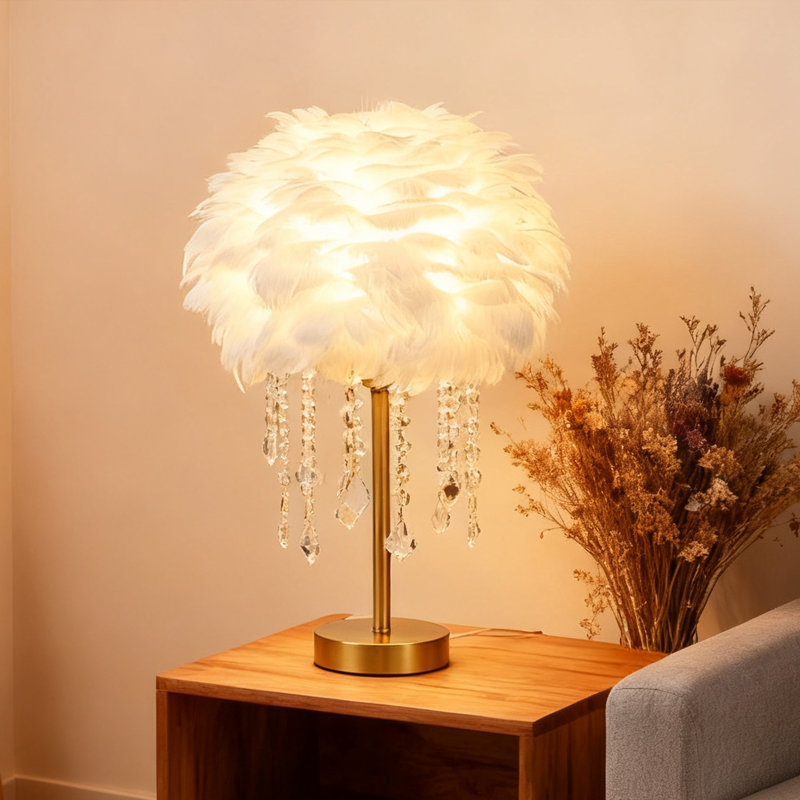 17" H Feather Crystal Table Lamp With Led Bulbs, White