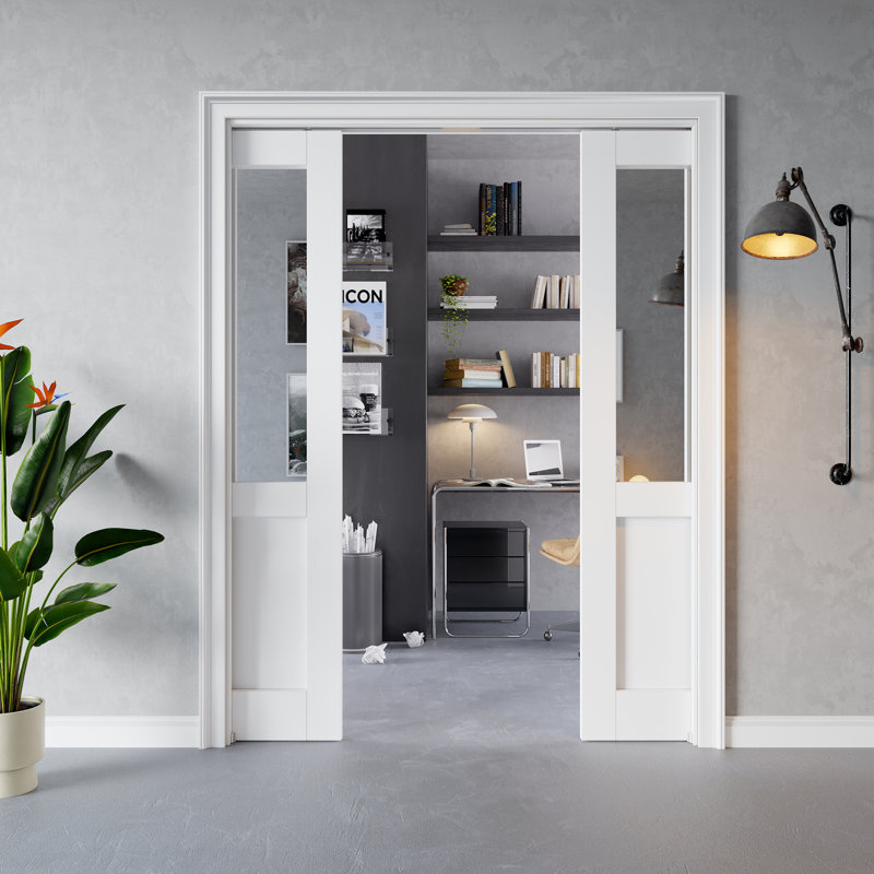 Intérieur de la porte de miroir demi-Lite, portes à double poche en MDF à noyau solide CARB P2, avec cadre solide et ensemble de quincaillerie, porte de chambre coulissante, préfinie et imperméable, pour garde-manger, chambre à coucher, salle de bain, placard et salon, teinture facile à bricoler, 60 po x 80 po