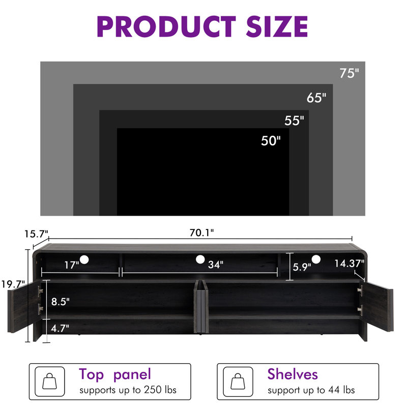 Dulane Modern Farmhouse 70" Tv Stand For Tvs Up To 75" With  2 Doors And Open Storage, Black, Black