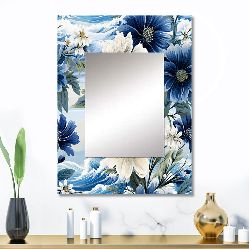 Ardean Coastal Blues White Flowers Blooms - décor de miroir mural floral unique, grand miroir de maison de campagne, impression d'art en métal