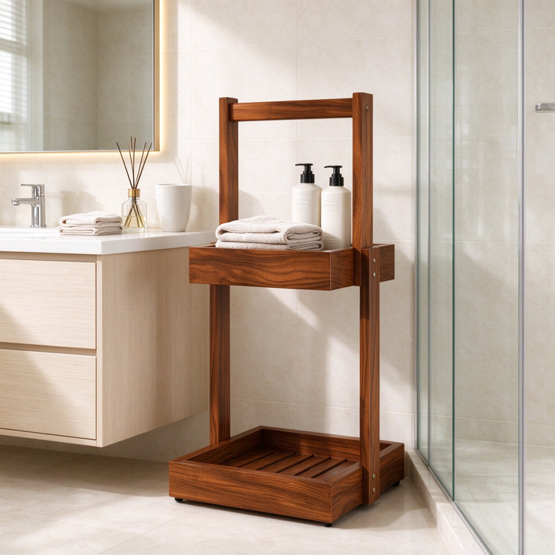 Teak Bathroom Shelf and Towel Holder, Tiered Teak Shower Caddy and Organizer, Free Standing Wooden Storage Rack for Bathroom, Kitchen, and Countertop