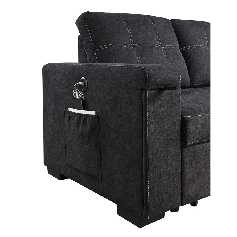 Toby 95" Black Woven Fabric Reversible Sleeper Sectional Sofa with Storage Chaise Cup Holder Charging Ports and Pockets