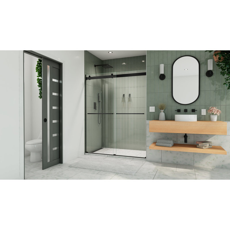56" - 60" W x 76" H Reversible Frameless Shower Door with ClearMax Technology, Matte Black/Clear