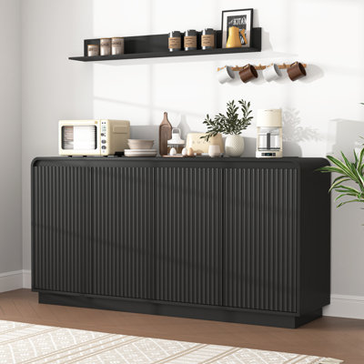 Space-saving Black Tv Stand, Modern Fluted Wave Design, Multifunctional Media Console